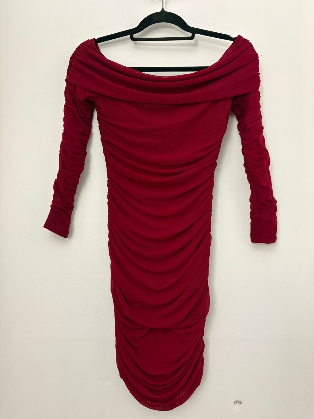 Red Ruched Off-Shoulder Long Sleeve Dress NWT S/M